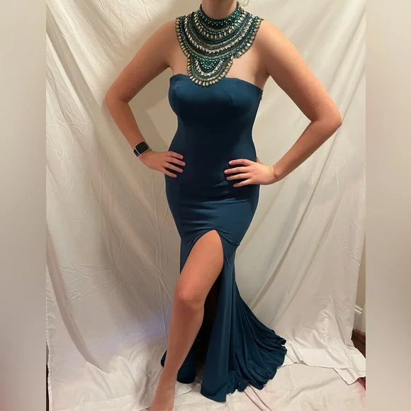 Dresses | Madison James Emerald Green Formal Gown With High Slit And Beaded  Neckline | Poshmark